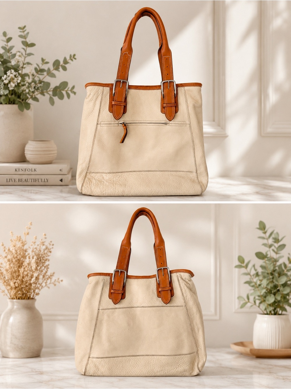 Cole Haan Village Lux II Leather Tote Cream/Cognac Silver Hardware Lightly Used